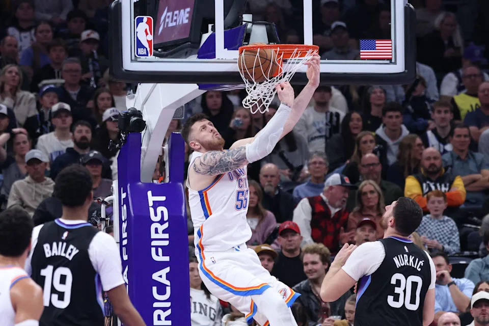 Nov 21, 2025; Salt Lake City, Utah, USA; Oklahoma City Thunder center Isaiah Hartenstein (55) dunks against the Utah Jazz during the second half at Delta Center. Mandatory Credit: Rob Gray-Imagn Images