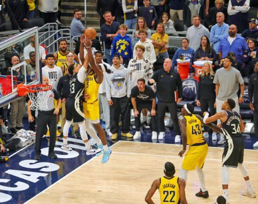 Milwaukee Bucks at Indiana Pacers NBA basketball game downtown Indianapolis November 2025.