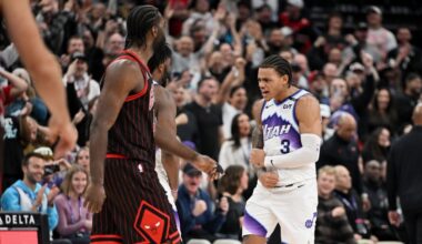 Utah Jazz guard Keyonte George (3) celebrates scoring the game-winning basket against the Chicago B...