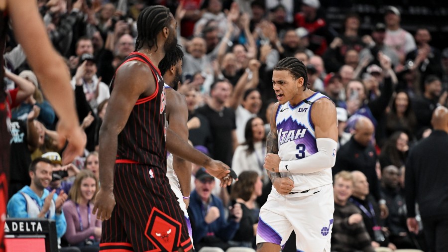 Utah Jazz guard Keyonte George (3) celebrates scoring the game-winning basket against the Chicago B...