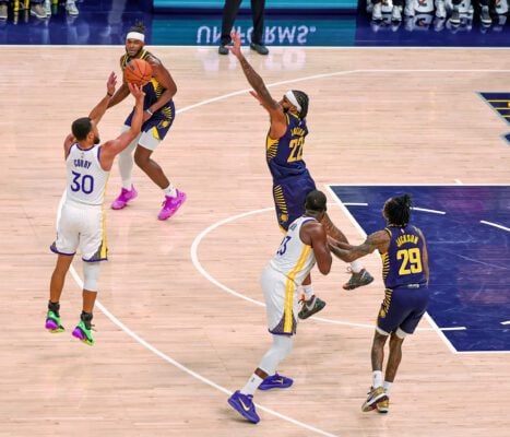 Golden State Warriors versus Indiana Pacers, 2025-26 NBA regular season, Gainbridge Fieldhouse, downtown Indianapolis, Indiana in November.