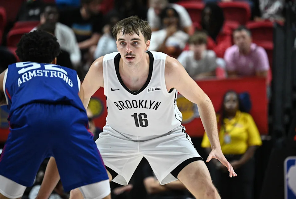 LAS VEGAS, NV – JULY 18: Grant Nelson #16 of the Brooklyn Nets plays defense during the game against the Philadelphia 76ers during the 2025 NBA Summer League game on July 18, 2025 at the Thomas & Mack Center in Las Vegas, Nevada. NOTE TO USER: User expressly acknowledges and agrees that, by downloading and or using this photograph, User is consenting to the terms and conditions of the Getty Images License Agreement. Mandatory Copyright Notice: Copyright 2025 NBAE (Photo by Tom O'Connor/NBAE via Getty Images)