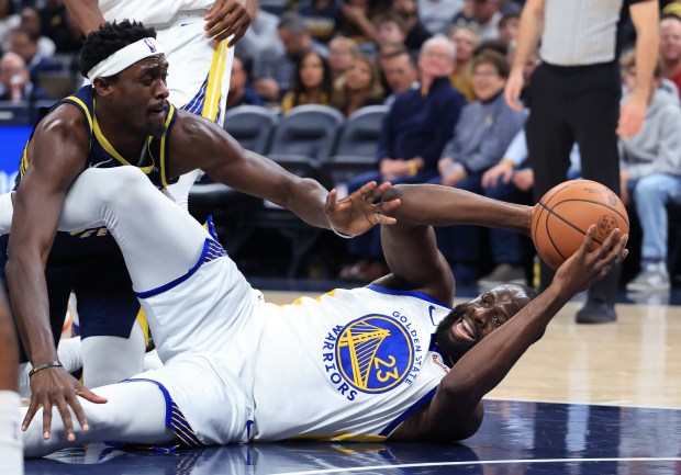 Draymond Green #23 of the Golden State Warriors passes the ball against Pascal Siakam #43 of the Indiana Pacers in the second quarter at Gainbridge Fieldhouse on Nov. 01, 2025 in Indianapolis, Indiana. NOTE TO USER: User expressly acknowledges and agrees that, by downloading and or using this photograph, User is consenting to the terms and conditions of the Getty Images License Agreement. (Photo by Justin Casterline/Getty Images)
