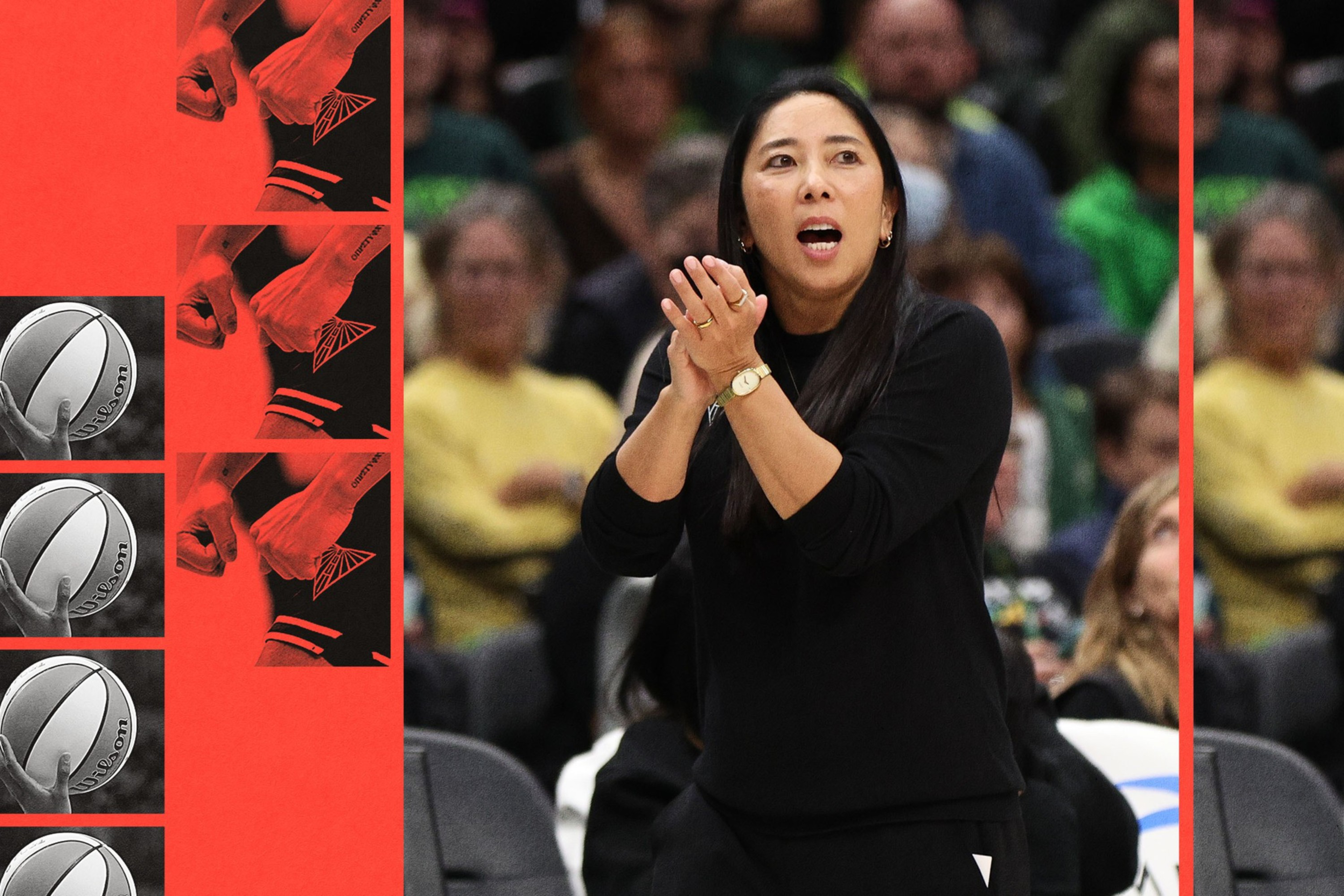 A woman in black claps her hands and speaks, standing in a crowded arena with a basketball-themed red and black graphic on the left side.