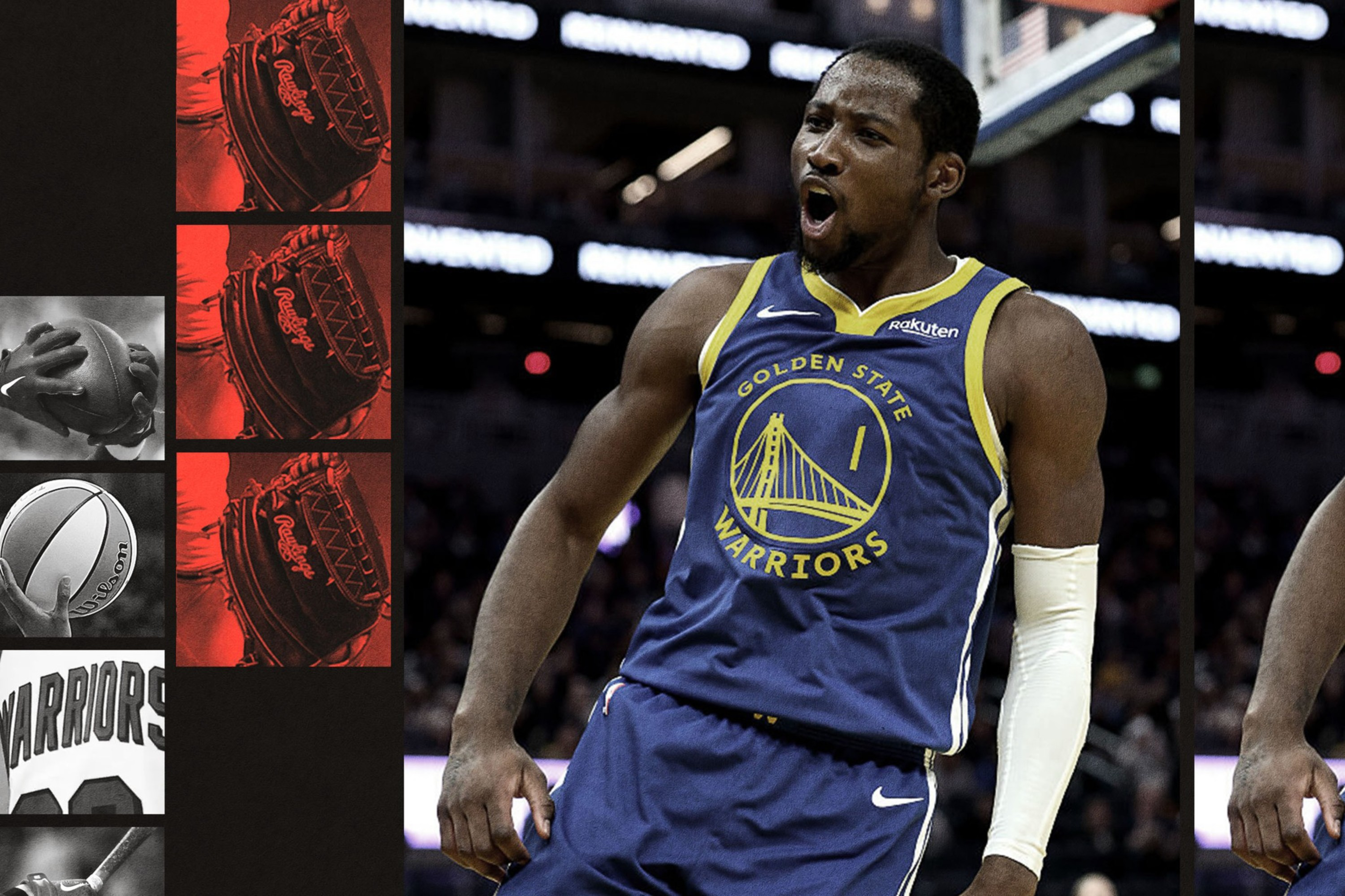 A basketball player in a Golden State Warriors uniform celebrates with mouth open and fist clenched during a game.