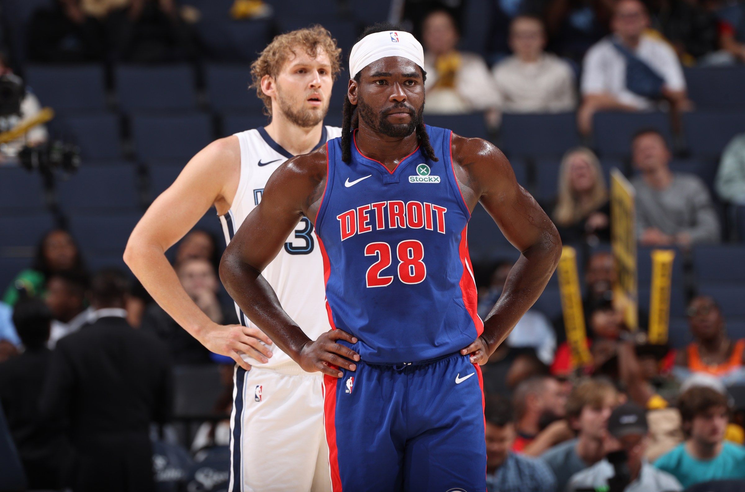 MEMPHIS, TN - OCTOBER 6: Isaiah Stewart #28 of the Detroit Pistons looks on during the game against the Memphis Grizzlies during a NBA preseason game on October 6, 2025 at FedExForum in Memphis, Tennessee. NOTE TO USER: User expressly acknowledges and agrees that, by downloading and or using this photograph, User is consenting to the terms and conditions of the Getty Images License Agreement. Mandatory Copyright Notice: Copyright 2025 NBAE (Photo by Joe Murphy/NBAE via Getty Images)