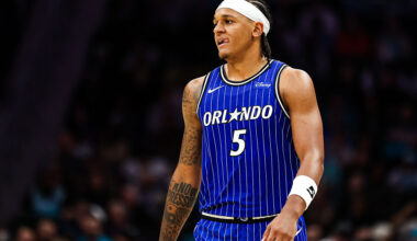 CHARLOTTE, NORTH CAROLINA - OCTOBER 30: Paolo Banchero #5 of the Orlando Magic looks on during the first half of a basketball game against the Charlotte Hornets at Spectrum Center on October 30, 2025 in Charlotte, North Carolina. NOTE TO USER: User expressly acknowledges and agrees that, by downloading and or using this photograph, User is consenting to the terms and conditions of the Getty Images License Agreement. (Photo by David Jensen/Getty Images)