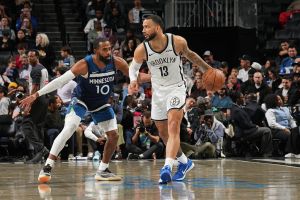BROOKLYN, NY - NOVEMBER 3: Tyrese Martin #13 of the Brooklyn Nets dribbles the ball during the game against the Minnesota Timberwolves on November 3, 2025 at Barclays Center in Brooklyn, New York. NOTE TO USER: User expressly acknowledges and agrees that, by downloading and or using this Photograph, user is consenting to the terms and conditions of the Getty Images License Agreement. Mandatory Copyright Notice: Copyright 2025 NBAE (Photo by Jesse D. Garrabrant/NBAE via Getty Images)