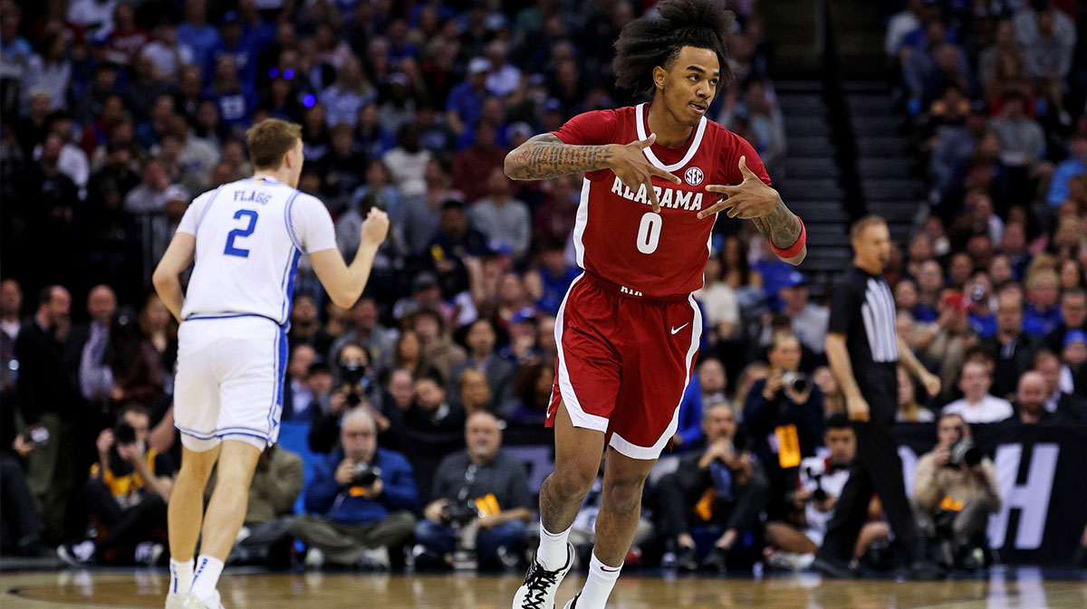 Alabama Crimson Tide guard Labaron Philon (0) celebrates after a play during the first half against the Duke Blue Devils in the East Regional final of the 2025 NCAA tournament at Prudential Center.