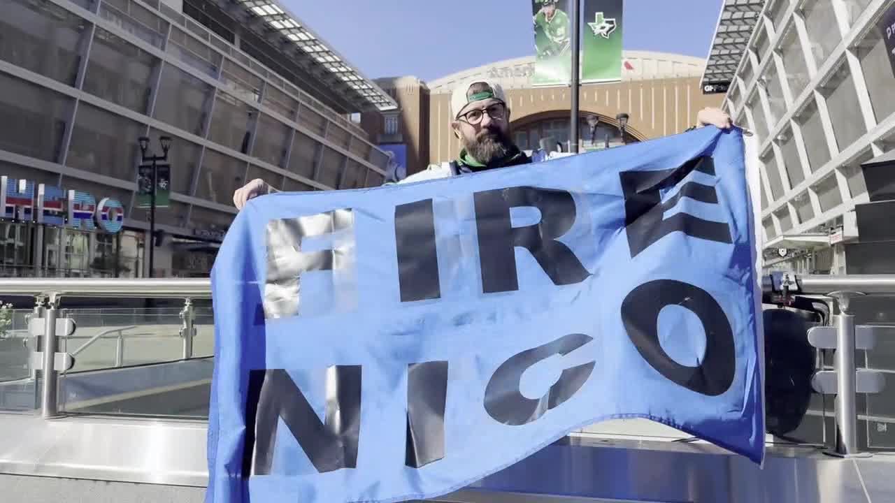 Dallas Mavericks' fans outside AAC celebrate firing of GM Nico Harrison