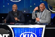 Kenny Smith, left, and Charles Barkley speak at the NBA Awards on Monday, June 25, 2018, at...
