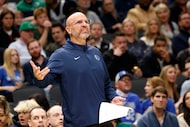 Dallas Mavericks head coach Jason Kidd gestures during the second half of an NBA basketball...