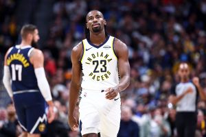 DENVER, COLORADO - NOVEMBER 8: Aaron Nesmith #23 of the Indiana Pacers looks on in the first half against the Denver Nuggets at Ball Arena on November 8, 2025 in Denver, Colorado. NOTE TO USER: User expressly acknowledges and agrees that, by downloading and or using this photograph, User is consenting to the terms and conditions of the Getty Images License Agreement. (Photo by Tyler Schank/Getty Images)