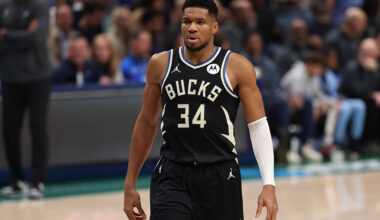 DALLAS, TEXAS - NOVEMBER 10: Giannis Antetokounmpo #34 of the Milwaukee Bucks looks on during the first half against the Dallas Mavericks at American Airlines Center on November 10, 2025 in Dallas, Texas. NOTE TO USER: User expressly acknowledges and agrees that, by downloading and or using this photograph, User is consenting to the terms and conditions of the Getty Images License Agreement. (Photo by Sam Hodde/Getty Images)
