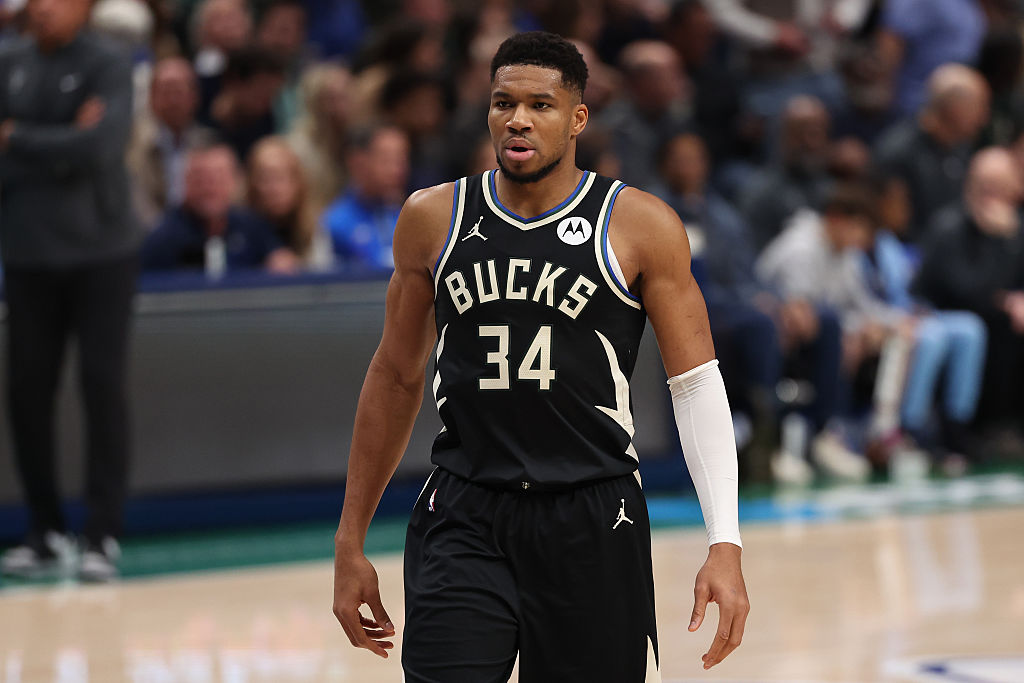 DALLAS, TEXAS - NOVEMBER 10: Giannis Antetokounmpo #34 of the Milwaukee Bucks looks on during the first half against the Dallas Mavericks at American Airlines Center on November 10, 2025 in Dallas, Texas. NOTE TO USER: User expressly acknowledges and agrees that, by downloading and or using this photograph, User is consenting to the terms and conditions of the Getty Images License Agreement. (Photo by Sam Hodde/Getty Images)