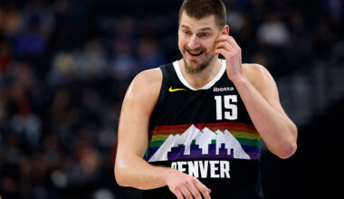 INGLEWOOD, CALIFORNIA - NOVEMBER 12: Nikola Jokic #15 of the Denver Nuggets reacts during a 130-116 Denver Nuggets win over the Los Angeles Clippers at Intuit Dome on November 12, 2025 in Inglewood, California. (Photo by Harry How/Getty Images)