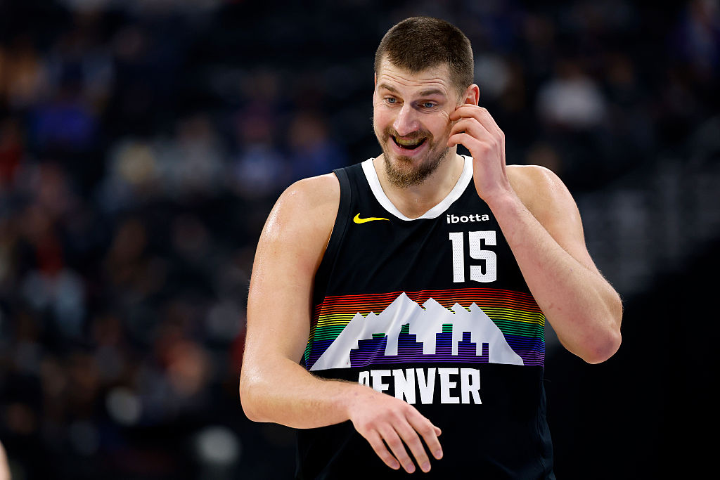 INGLEWOOD, CALIFORNIA - NOVEMBER 12: Nikola Jokic #15 of the Denver Nuggets reacts during a 130-116 Denver Nuggets win over the Los Angeles Clippers at Intuit Dome on November 12, 2025 in Inglewood, California. (Photo by Harry How/Getty Images)