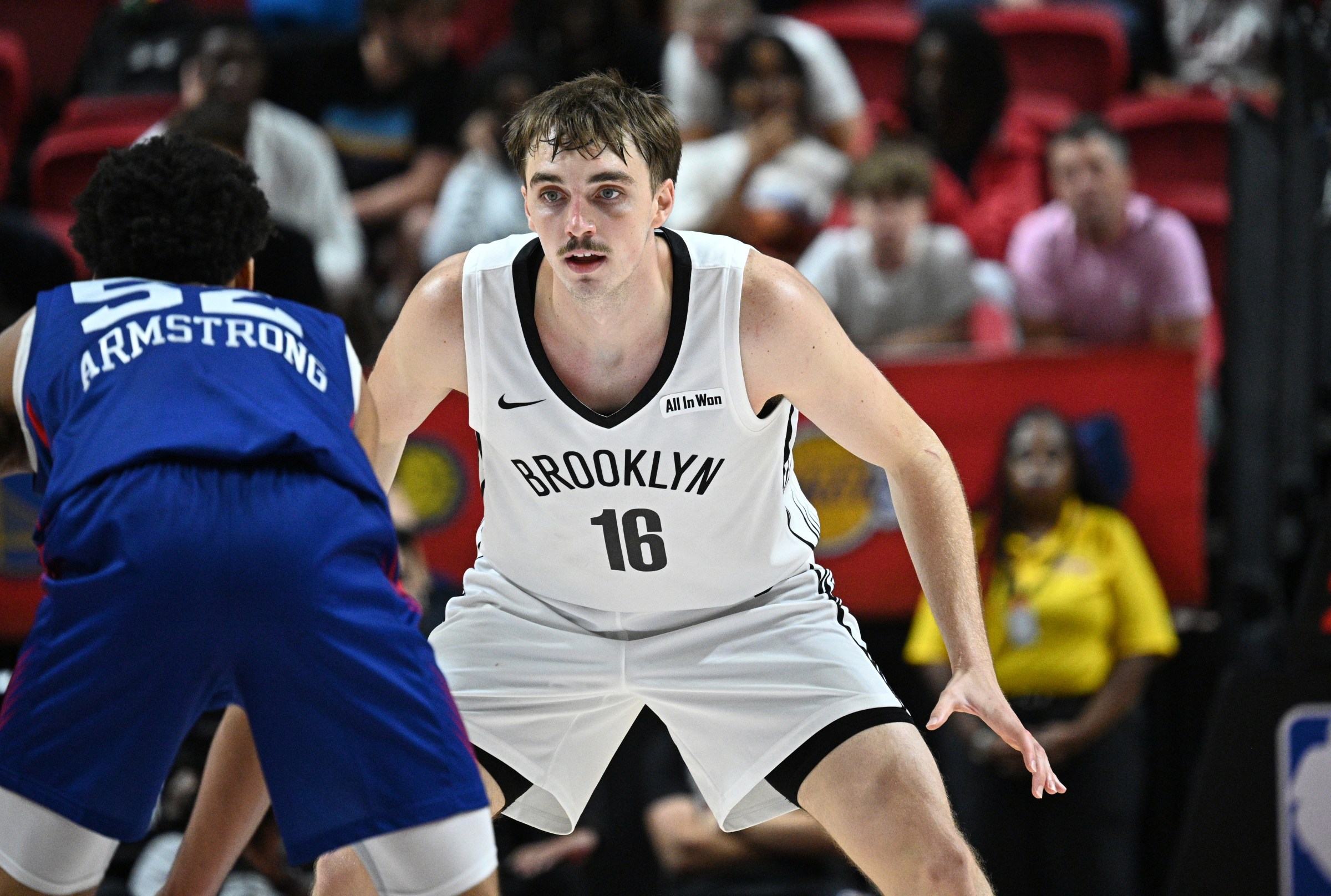 LAS VEGAS, NV - JULY 18: Grant Nelson #16 of the Brooklyn Nets plays defense during the game against the Philadelphia 76ers during the 2025 NBA Summer League game on July 18, 2025 at the Thomas & Mack Center in Las Vegas, Nevada. NOTE TO USER: User expressly acknowledges and agrees that, by downloading and or using this photograph, User is consenting to the terms and conditions of the Getty Images License Agreement. Mandatory Copyright Notice: Copyright 2025 NBAE (Photo by Tom O’Connor/NBAE via Getty Images)