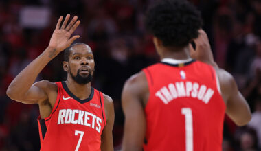 HOUSTON, TEXAS - NOVEMBER 03: Kevin Durant #7 of the Houston Rockets celebrates with Amen Thompson #1 of the Houston Rockets during the second half against the Dallas Mavericks at Toyota Center on November 03, 2025 in Houston, Texas. NOTE TO USER: User expressly acknowledges and agrees that, by downloading and or using this photograph, User is consenting to the terms and conditions of the Getty Images License Agreement. (Photo by Alex Slitz/Getty Images)