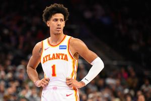 SALT LAKE CITY, UTAH - NOVEMBER 13: Jalen Johnson #1 of the Atlanta Hawks looks on during the second half of a game against the Utah Jazz at the Delta Center on November 13, 2025 in Salt Lake City, Utah. NOTE TO USER: User expressly acknowledges and agrees that, by downloading and or using this photograph, User is consenting to the terms and conditions of the Getty Images License Agreement. (Photo by Alex Goodlett/Getty Images)