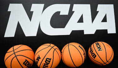 NCAA logo with basketballs