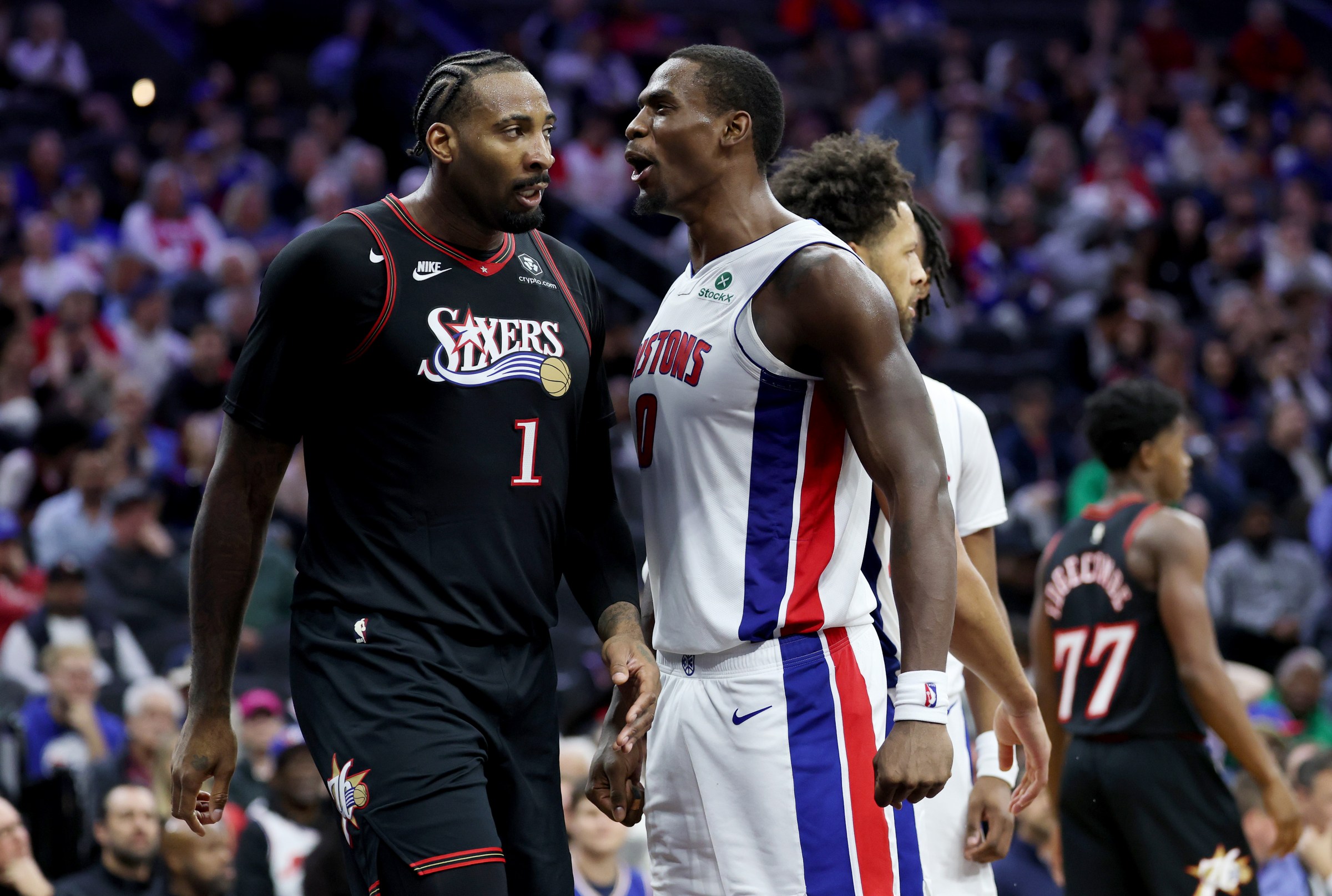 PHILADELPHIA, PENNSYLVANIA - NOVEMBER 09: Jalen Duren #0 of the Detroit Pistons celebrates a dunk by Cade Cunningham #2 (not pictured) against Andre Drummond #1 of the Philadelphia 76ers during the second half at Xfinity Mobile Arena on November 09, 2025 in Philadelphia, Pennsylvania. NOTE TO USER: User expressly acknowledges and agrees that, by downloading and or using this photograph, User is consenting to the terms and conditions of the Getty Images License Agreement. (Photo by Emilee Chinn/Getty Images)