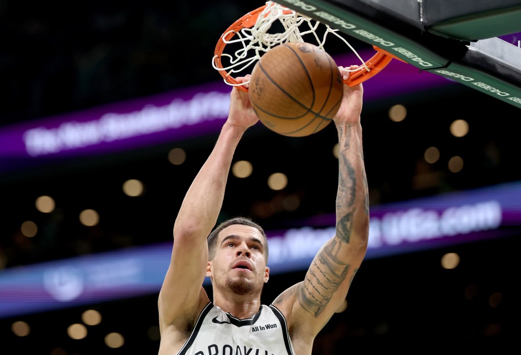 Michael Porter Jr. slams home a dunk during the Nets' upset win over the Celtics on Nov. 21, 2025.