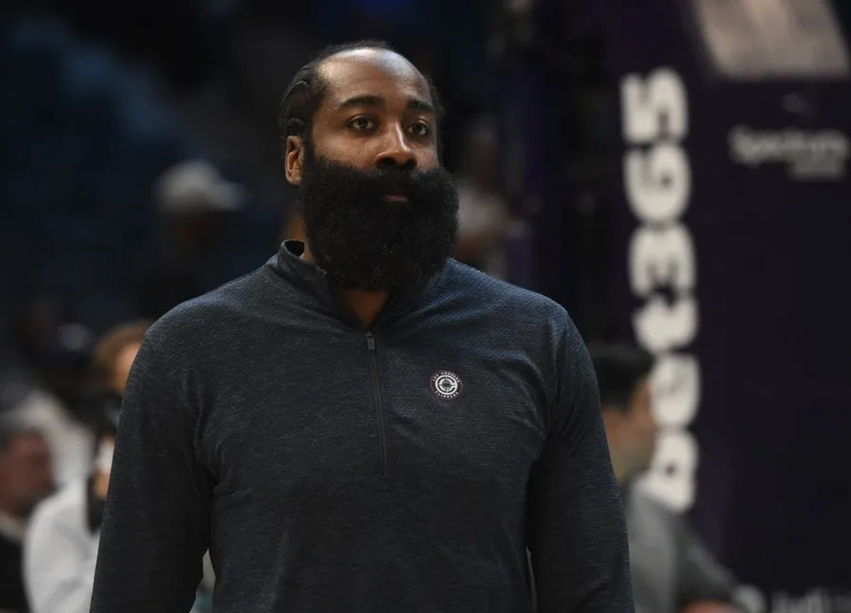 Nov 22, 2025; Charlotte, North Carolina, USA; Los Angeles Clippers guard James Harden (1) warms up before the game against the Charlotte Hornets at the Spectrum Center. Mandatory Credit: Sam Sharpe-Imagn Images