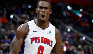 DETROIT, MICHIGAN - NOVEMBER 17: Jalen Duren #0 of the Detroit Pistons reacts after he dunks in the first half against the Indiana Pacers at Little Caesars Arena on November 17, 2025 in Detroit, Michigan.