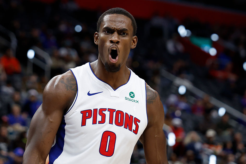 DETROIT, MICHIGAN - NOVEMBER 17: Jalen Duren #0 of the Detroit Pistons reacts after he dunks in the first half against the Indiana Pacers at Little Caesars Arena on November 17, 2025 in Detroit, Michigan.