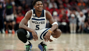 PORTLAND, OREGON - OCTOBER 22: Anthony Edwards #5 of the Minnesota Timberwolves reacts during the second half against the Portland Trail Blazers at Moda Center on October 22, 2025 in Portland, Oregon. NOTE TO USER: User expressly acknowledges and agrees that, by downloading and or using this photograph, User is consenting to the terms and conditions of the Getty Images License Agreement. (Photo by Steph Chambers/Getty Images)