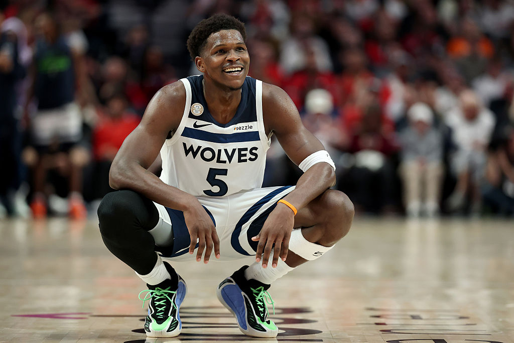 PORTLAND, OREGON - OCTOBER 22: Anthony Edwards #5 of the Minnesota Timberwolves reacts during the second half against the Portland Trail Blazers at Moda Center on October 22, 2025 in Portland, Oregon. NOTE TO USER: User expressly acknowledges and agrees that, by downloading and or using this photograph, User is consenting to the terms and conditions of the Getty Images License Agreement. (Photo by Steph Chambers/Getty Images)