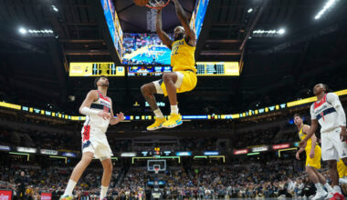 Indiana Pacers forward Isaiah Jackson dunks in front of Washington Wizards forward Tristan Vukcevic (00) during the first half of an NBA basketball game in Indianapolis, Friday, Nov. 28, 2025. (AP Photo/AJ Mast)