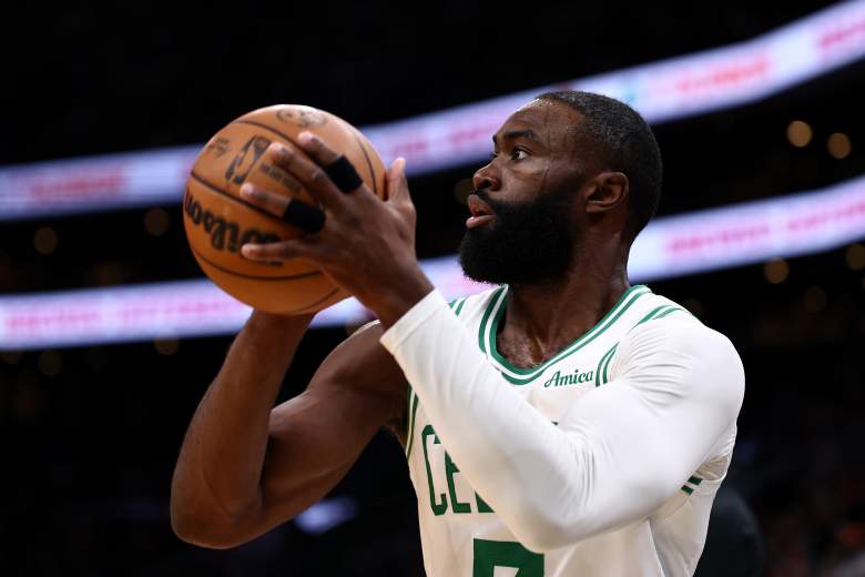 Jaylen Brown takes a shot during an NBA game.