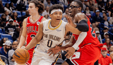 New Orleans Pelicans guard Jeremiah Fears (0) dribbles against Chicago Bulls forward/center Jalen Smith (25) during the first half at Smoothie King Center.