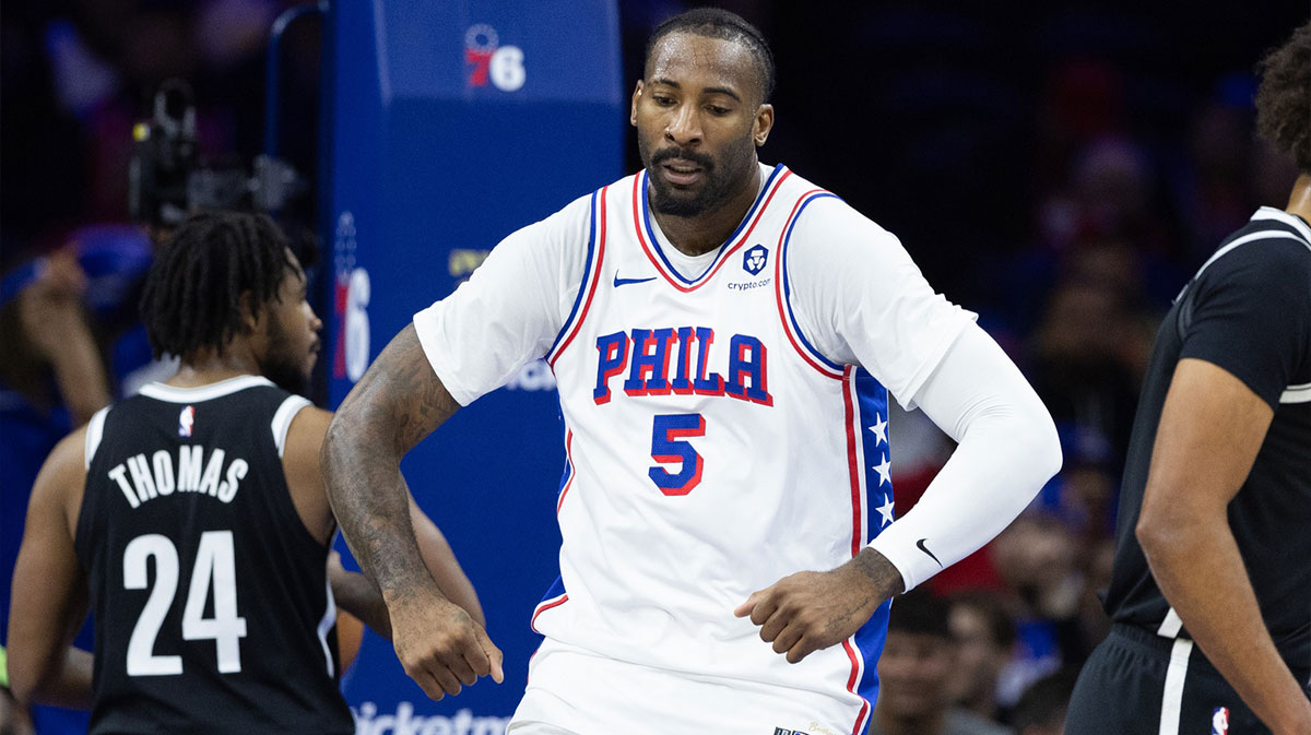 Oct 16, 2024; Philadelphia, Pennsylvania, USA; Philadelphia 76ers center Andre Drummond (5) reacts after his dunk against the Brooklyn Nets during the first quarter at Wells Fargo Center. Mandatory Credit: Bill Streicher-Imagn Images