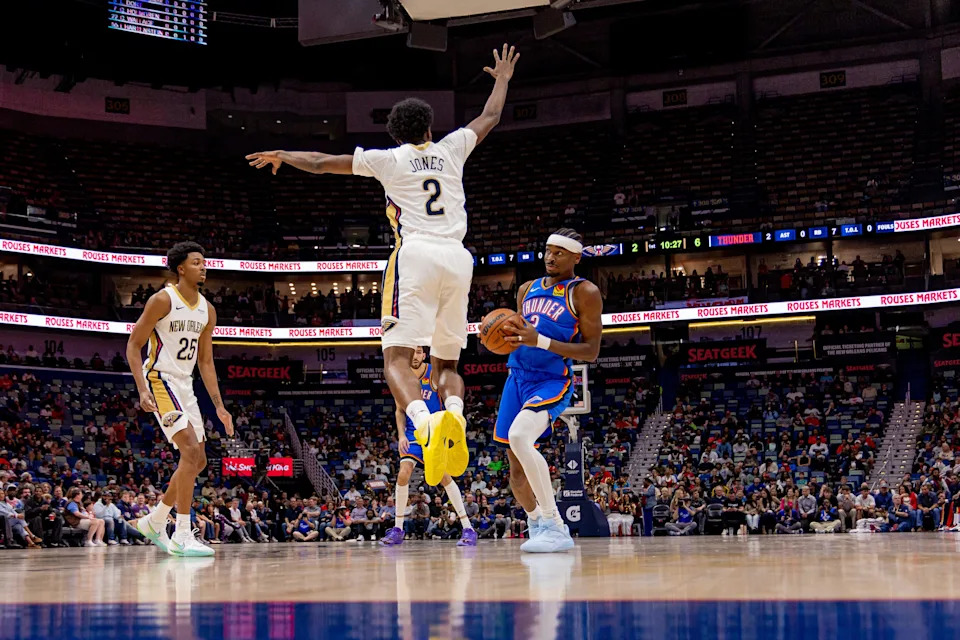 Nov 17, 2025; New Orleans, Louisiana, USA; Oklahoma City Thunder guard Shai Gilgeous-Alexander (2) shoots against New Orleans Pelicans forward Herbert Jones (2) during the first half at Smoothie King Center. Mandatory Credit: Stephen Lew-Imagn Images