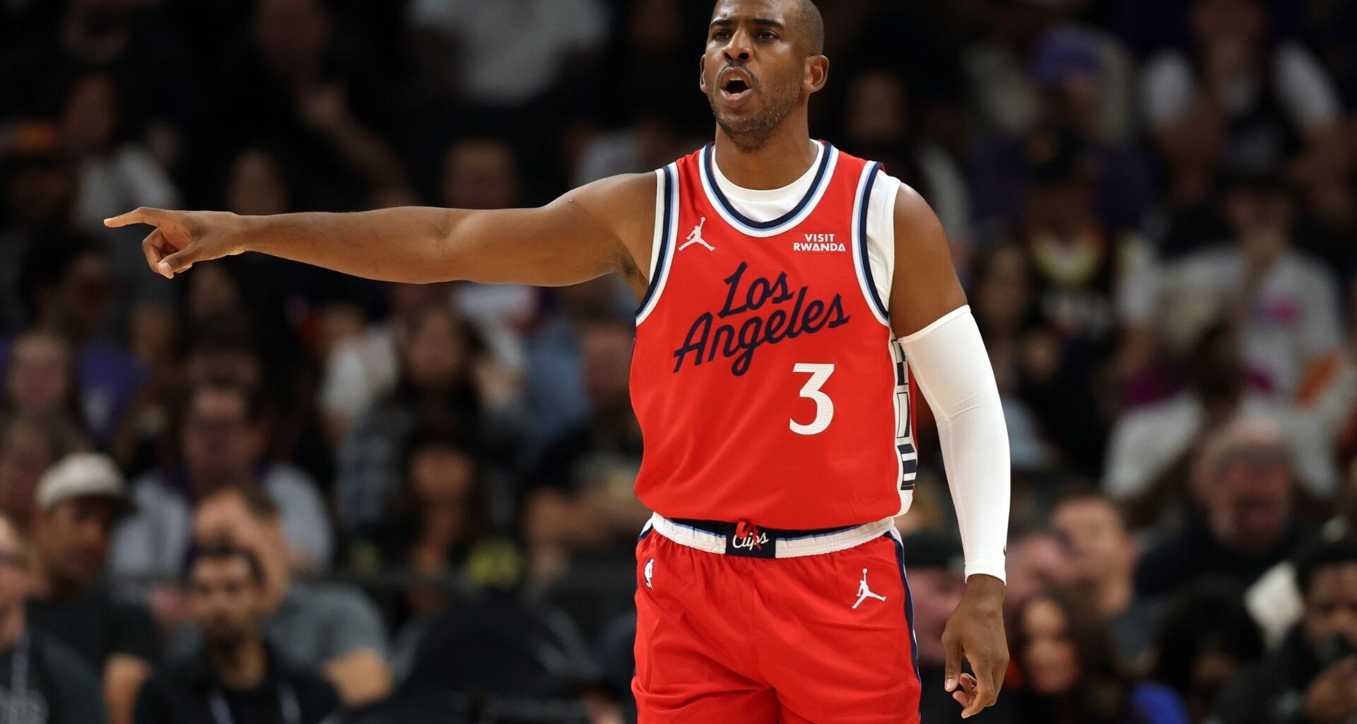 Sep 29, 2025; Inglewood, CA, USA; Los Angeles Clippers guard Chris Paul (3) poses during media day at Intuit Dome