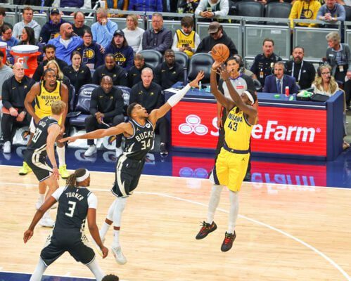 Milwaukee Bucks at Indiana Pacers NBA basketball game downtown Indianapolis November 2025.