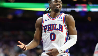 Philadelphia 76ers guard Tyrese Maxey (0) reacts to his three pointer against the Minnesota Timberwolves during the third quarter at Xfinity Mobile Arena.
