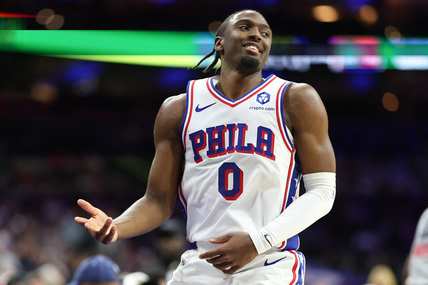 Philadelphia 76ers guard Tyrese Maxey (0) reacts to his three pointer against the Minnesota Timberwolves during the third quarter at Xfinity Mobile Arena.