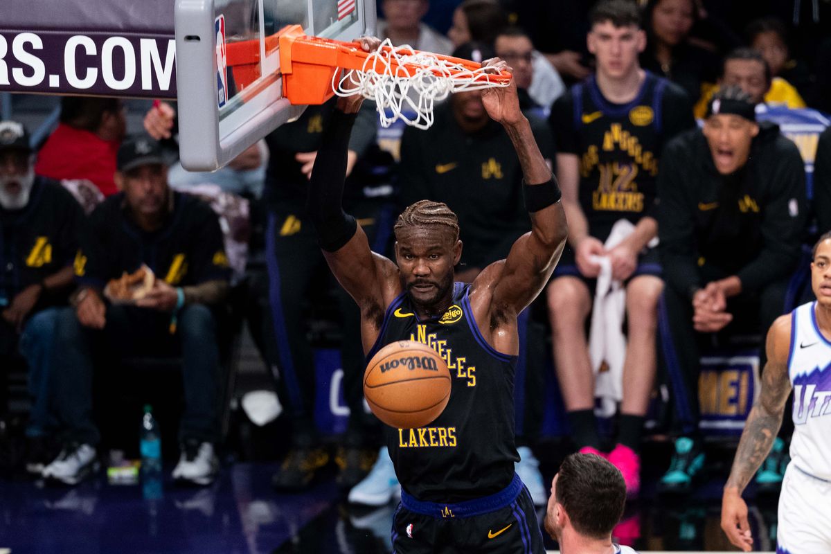 LA Lakers center Deanre Ayton (5), dunking the ball at an NBA basketball game against the Utah Jazz,Tuesday November 18th, 2025 in Los Angeles California