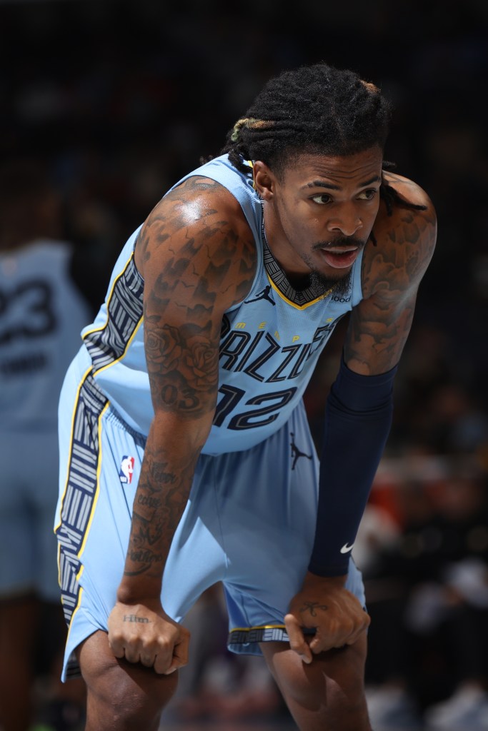Ja Morant #12 of the Memphis Grizzlies looks on during the game against the Los Angeles Lakers during the 2025-26 Emirates Cup on October 31, 2025 at FedExForum in Memphis, Tennessee.