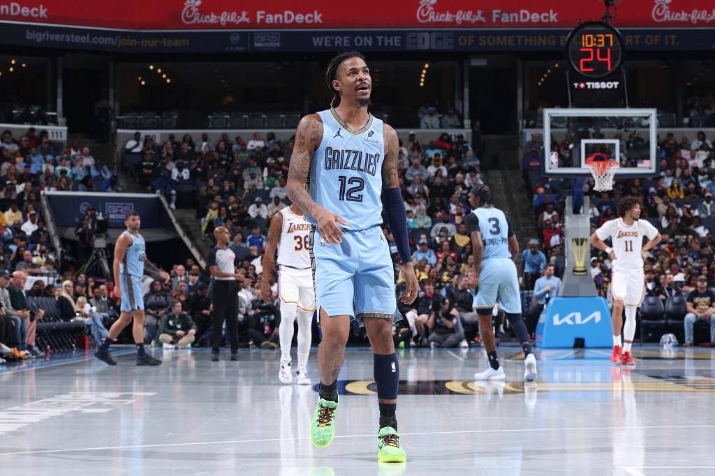 Ja Morant on the basketball court during a game between the Los Angeles Lakers and the Memphis Grizzlies.