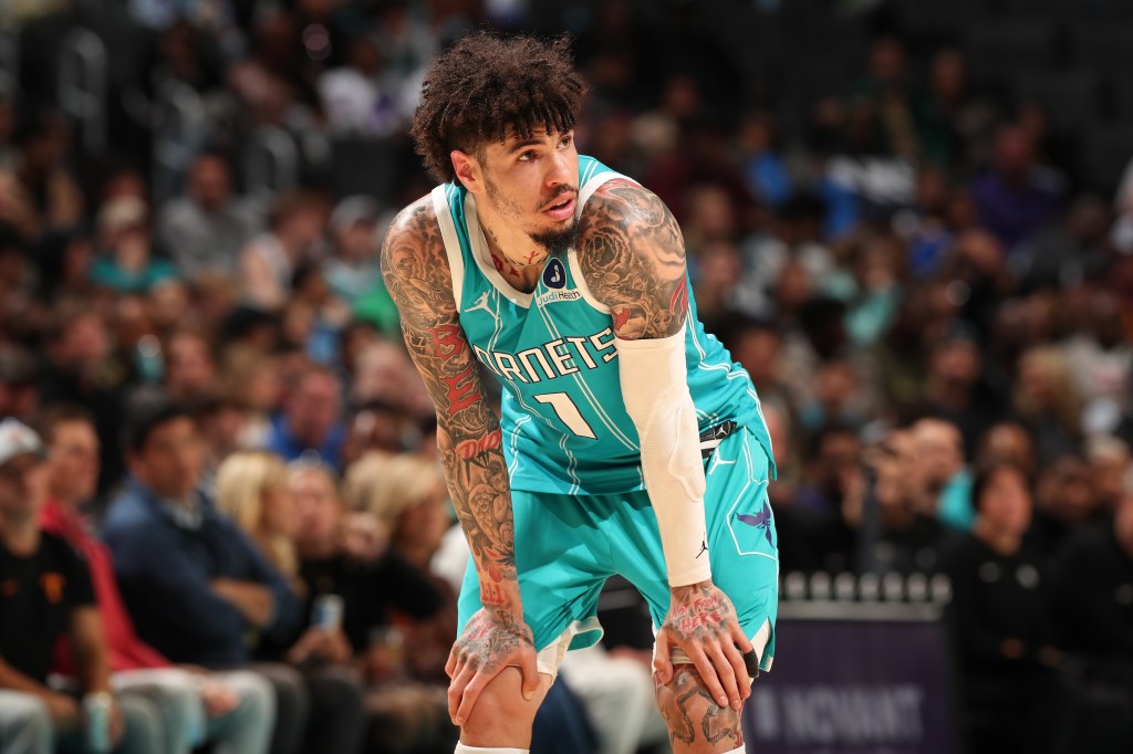 LaMelo Ball #1 of the Charlotte Hornets looks on during the game against the Minnesota Timberwolves on November 1, 2025 at Spectrum Center in Charlotte, North Carolina. 