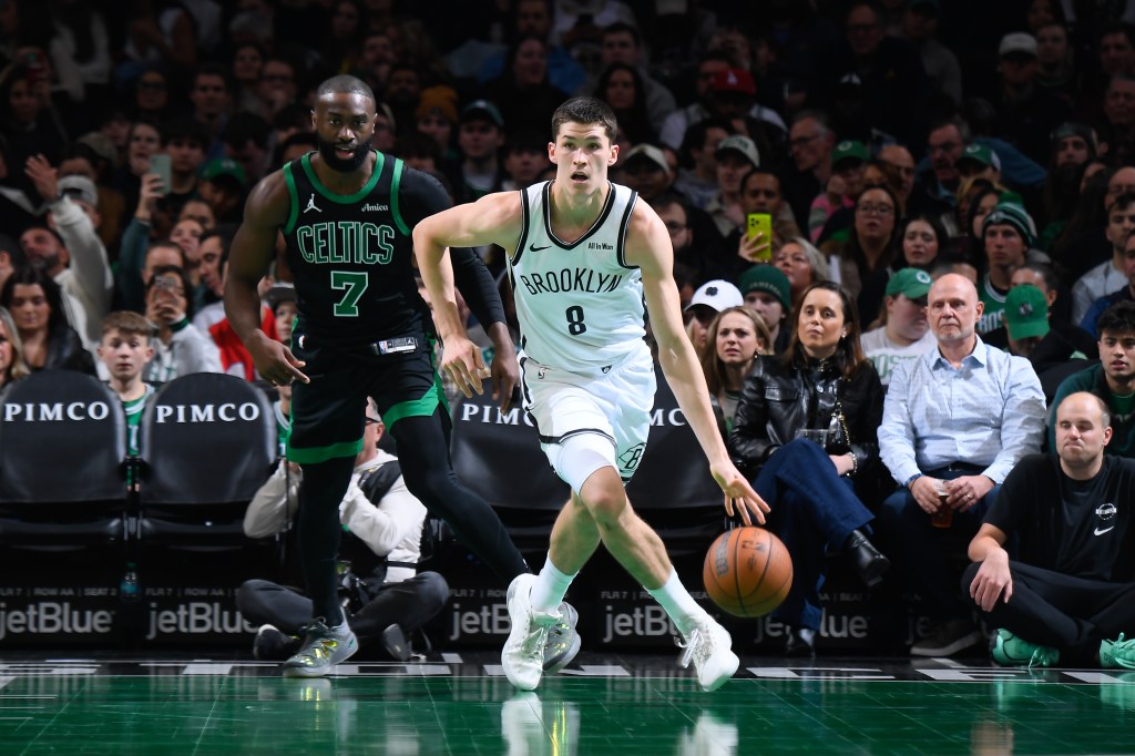 Egor Demin #8 of the Brooklyn Nets dribbles the ball during the game against the Boston Celtics during the 2025-26 Emirates Cup on November 21, 2025 at TD Garden in Boston, Massachusetts.