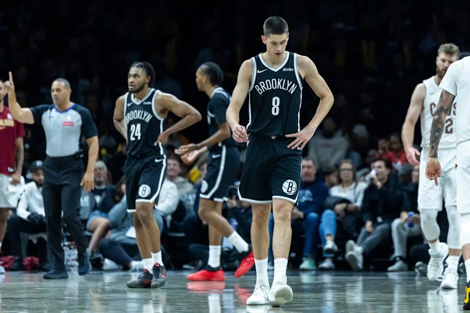 Brooklyn Nets guard Cam Thomas (24) and guard Egor Demin (8) react in the second half against the Cleveland Cavaliers at Barclays Center, Friday, Oct. 24, 2025, in Brooklyn, NY. Corey Sipkin for the NY POST