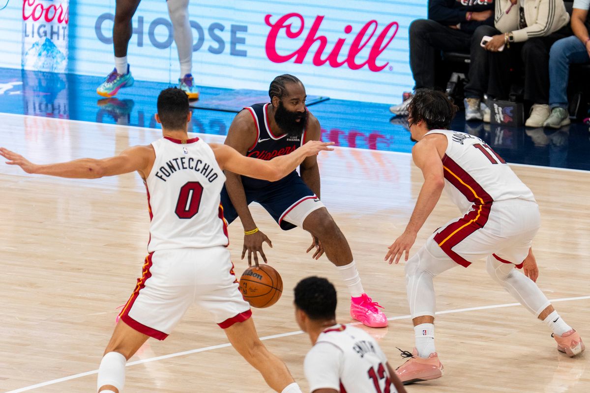 Los Angeles Clippers guard James Harden (1) breaks the double-team during an NBA basketball game against the Miami Heat, Monday November 3rd, 2025 in Los Angeles, California. 