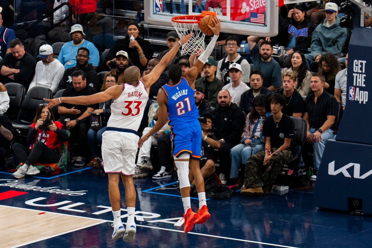 Oklahoma City Thunder guard Aaron Wiggins (21) gets a fast break dunk during an NBA basketball game against the Los Angeles Clippers, Tuesday November 4th, 2025 in Los Angeles, California. Oklahoma City Thunder guard Aaron Wiggins (21) gets a fast break dunk during an NBA basketball game against the Los Angeles Clippers, Tuesday November 4th, 2025 in Los Angeles, California.