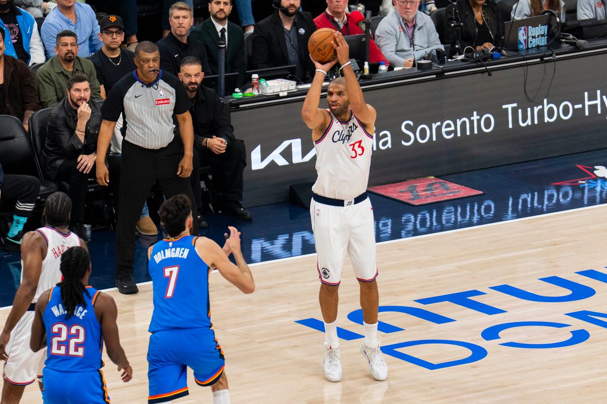 Los Angeles Clippers forward Nicolas Batum (33) takes a three during an NBA basketball game against the Oklahoma City Thunder, Tuesday November 4th, 2025 in Los Angeles, California. Los Angeles Clippers forward Nicolas Batum (33) takes a three during an NBA basketball game against the Oklahoma City Thunder, Tuesday November 4th, 2025 in Los Angeles, California.